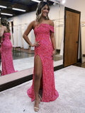 Dazzling Glitter Mermaid One Shoulder Pink Long Prom Dress with Slit BM bride