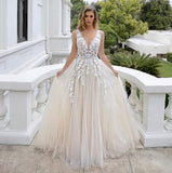 Luxury Long A-Line V-Neck Sleeveless Backless Wedding Dress with Lace and Tulle BM bride