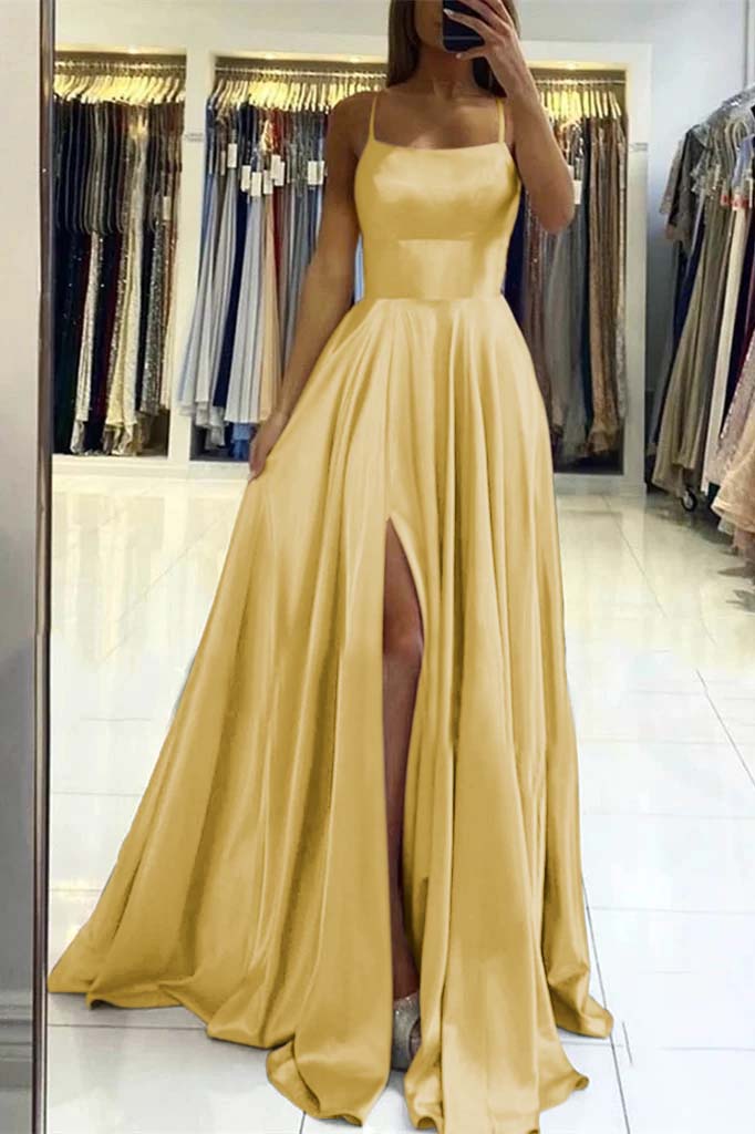 Pink Spaghetti Strap Sleeveless Backless Long Prom Dress With Front Split BMBRIDE