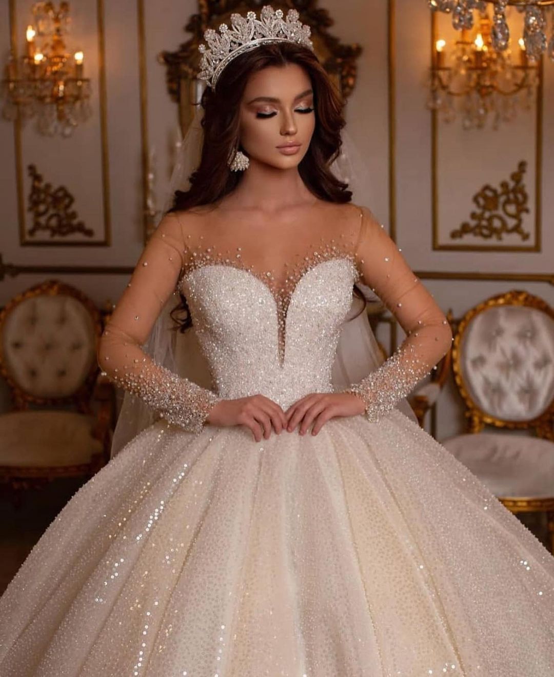 Luxury Long Ball Gown Sweetheart Wedding Dress with Sleeves BM bride