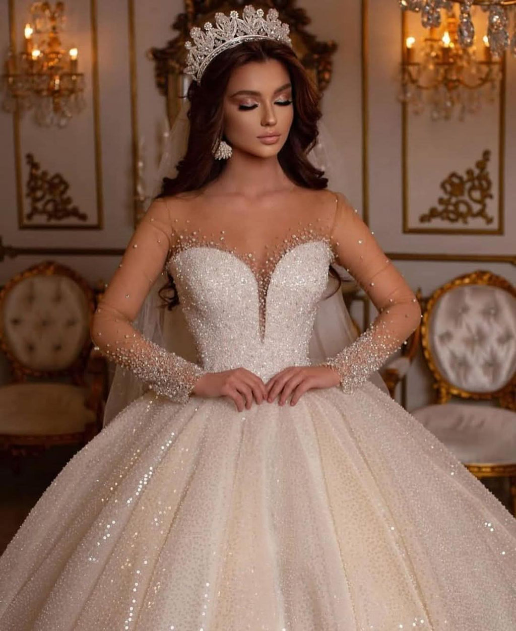 Luxury Long Ball Gown Sweetheart Wedding Dress with Sleeves BM bride