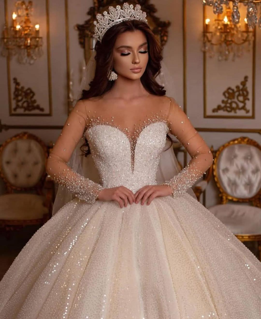 Luxury Long Ball Gown Sweetheart Wedding Dress with Sleeves BM bride