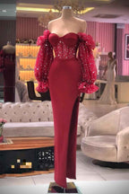 Off the Shoulder Strapless Long Sleeves Prom Dress With Sequins