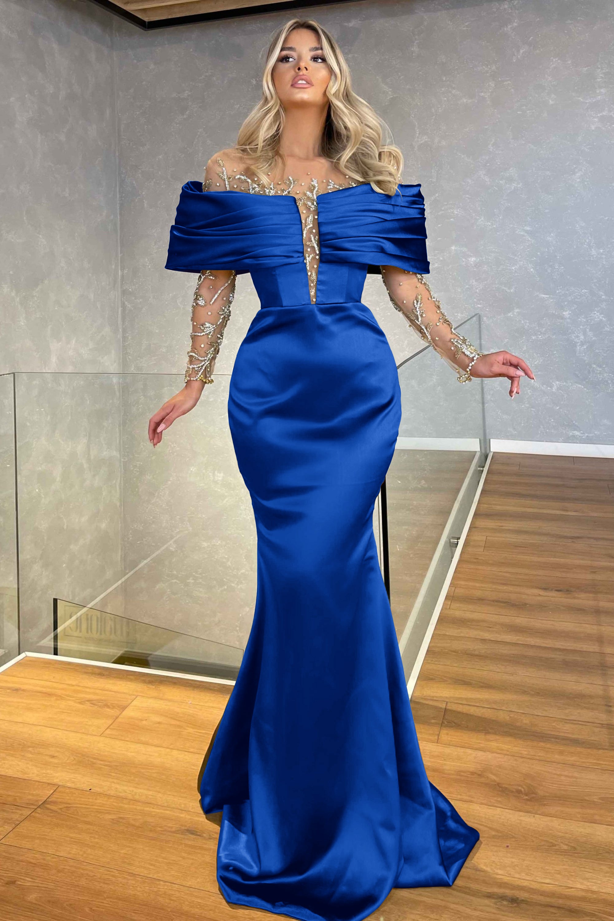 Green Prom Dress Off the Shoulder Long Sleeves Beading Embellished BMBRIDE