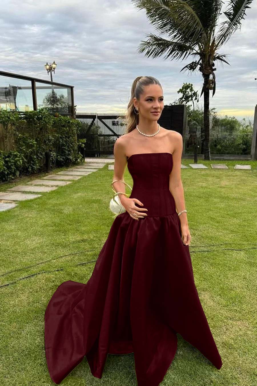 Chic Strapless Sleeveless Bateau Long Prom Dress With Pleated BMBRIDE