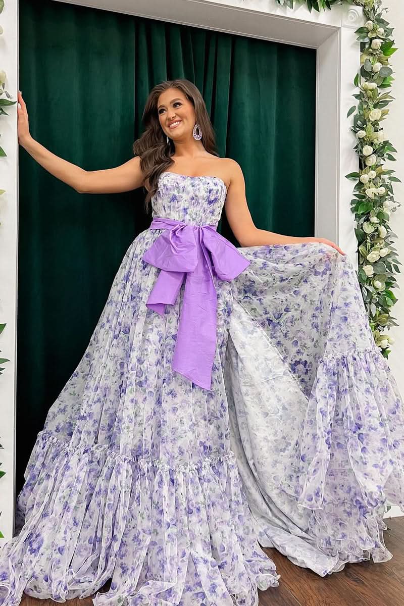 Fashionable Chic Floral Printed Chiffon Strapless Long Prom Dresses,Formal Dresses,Prom Gowns,Women Formal Gowns,Quincea?Era Dresses,Cocktail Dresses,Prom Dress Custom Size with Slit BM bride
