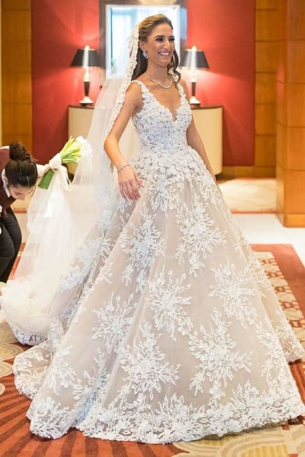 Spaghetti Straps Sweetheart A-Line Wedding Dress Attractive With Floral Lace Tulle BM bride