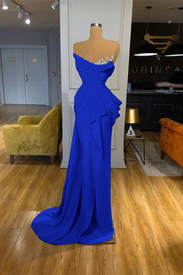 Orange Sequins Mermaid Online Strapless Pleated Prom Dress With Sleeveless