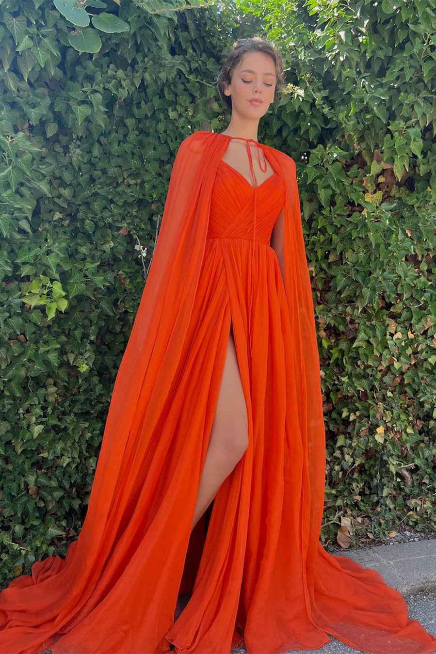 Gorgeous Orange Long A Line Tulle Side Split Prom Dress With Cape