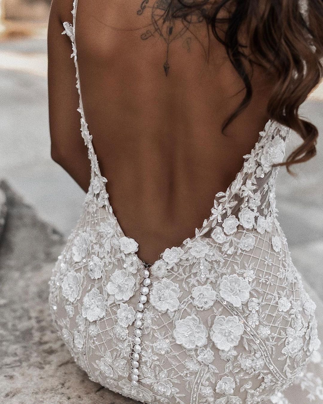 Elegant Long Mermaid V-Neck Floral Lace Wedding Dress with Backless Design BM bride