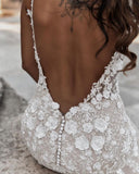 Elegant Long Mermaid V-Neck Floral Lace Wedding Dress with Backless Design BM bride