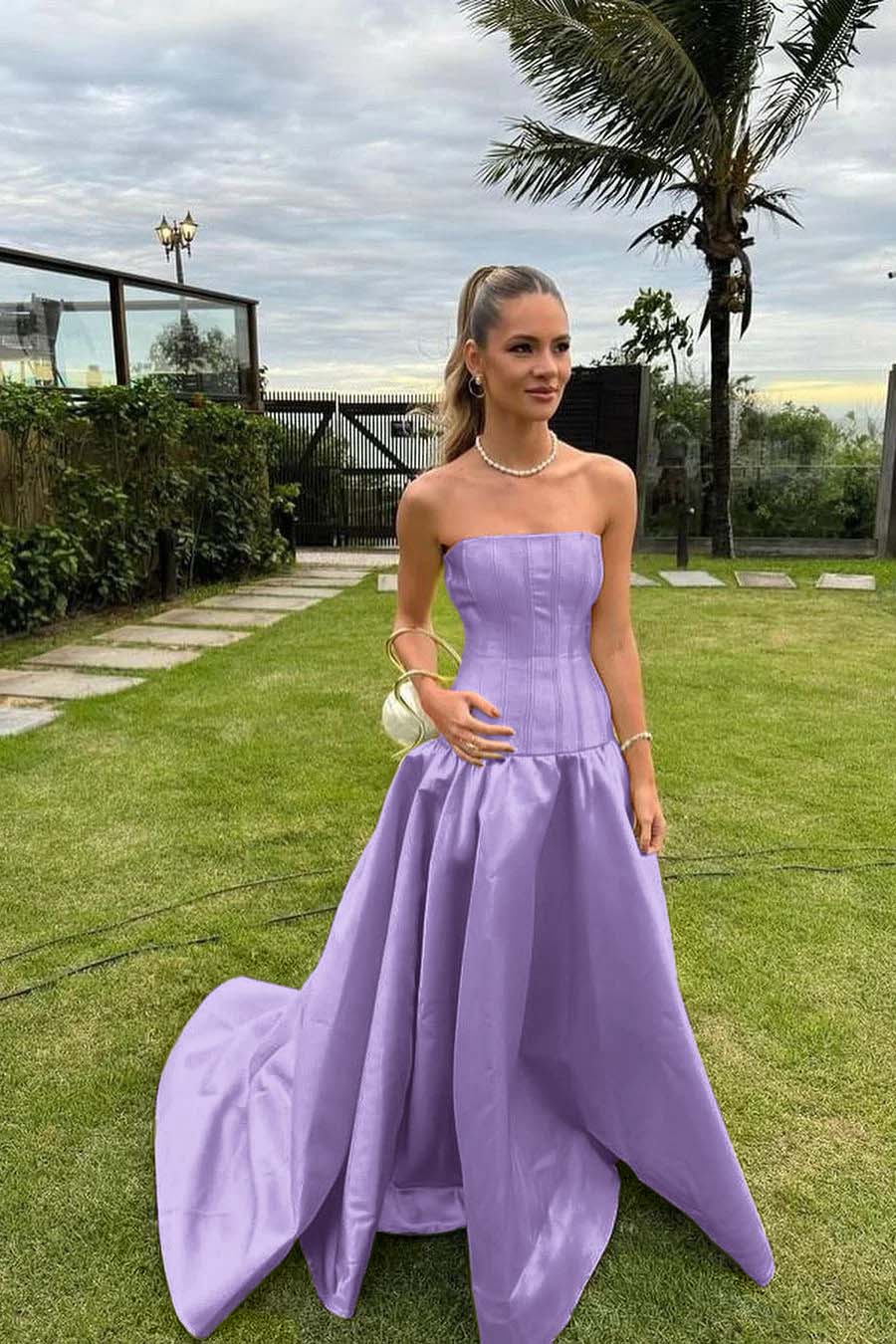 Chic Strapless Sleeveless Bateau Long Prom Dress With Pleated BMBRIDE