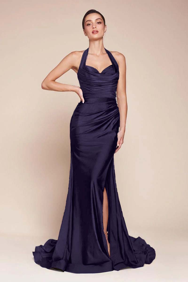 Halter Sleeveless Split Mermaid Long Prom Dress With Pleated BMBRIDE