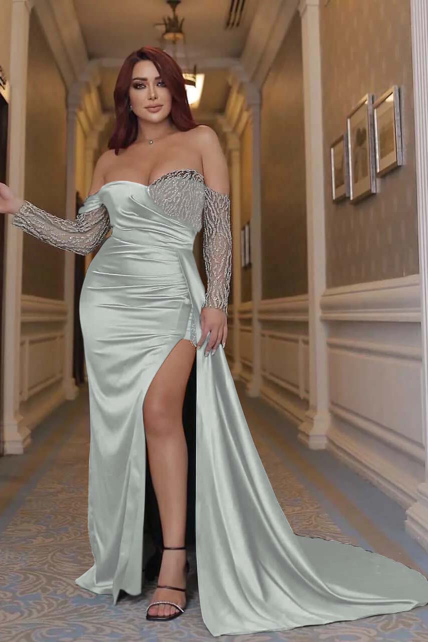 Sexy Emerald Green Off the Shoulder Long Sleeves Mermaid Prom Dress With Beading Split BMBRIDE