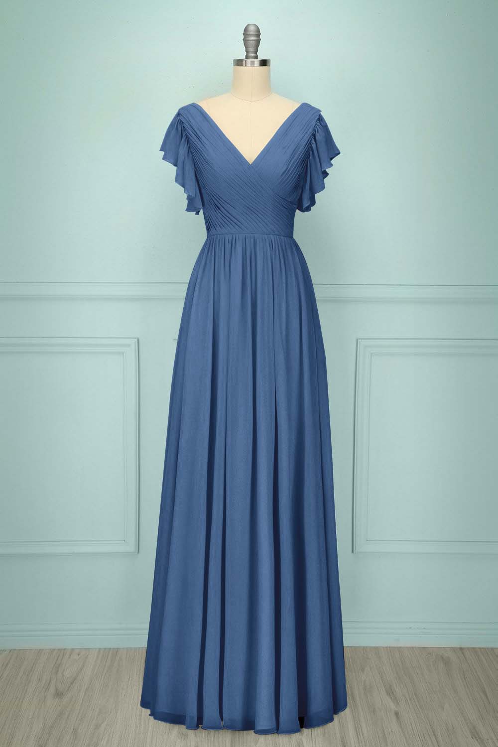 Chiffon V Neck Sleeveless Long Prom Dress With Pleated Ruffle
