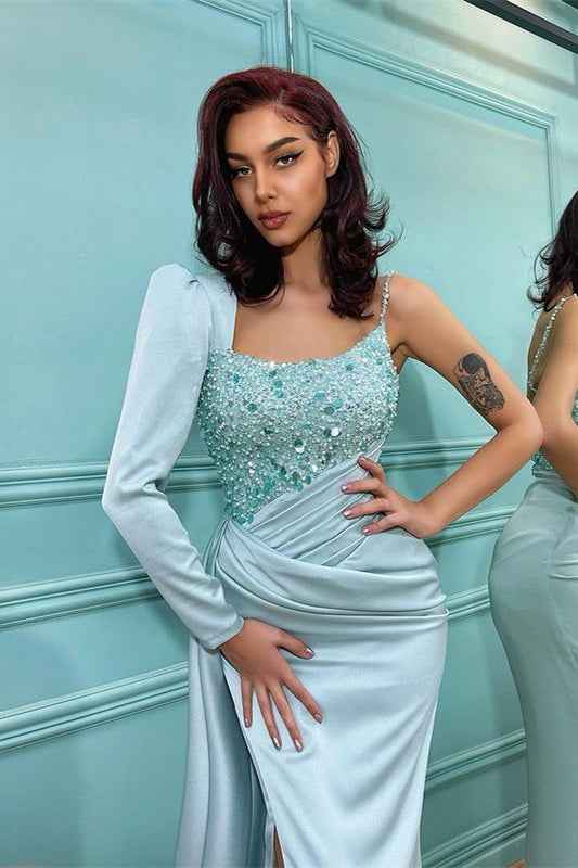 Mermaid Long Sleeve Sequins Ruffles Long Pleated Prom Dress With Side Split