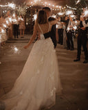 Long A-Line V-Neck Tulle Backless Wedding Dress with Lace Appliques BM bride