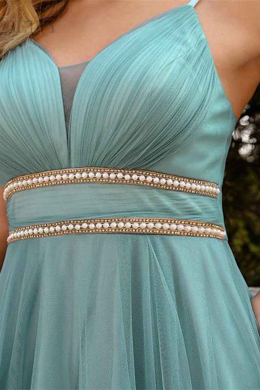 Spaghetti Strap Sweetheart Sleeveless Hi-Lo Short Prom Dress With Pearls Tulle