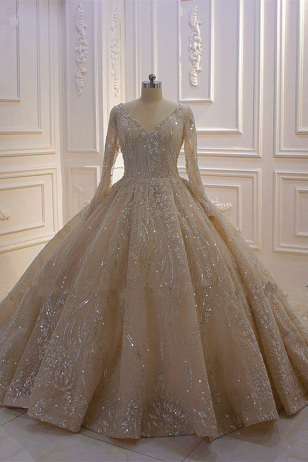 Long Sleeve V-Neck Ball Gown Wedding Dress with Sequins, Beading, and Ruffles BM bride
