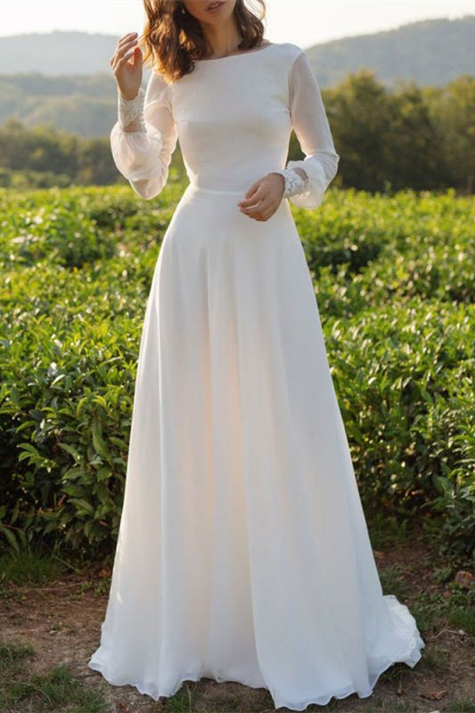 Bateau Neck Long Sleeve Tulle Boho A-Line Wedding Dress with Open Back BM bride