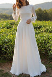 Bateau Neck Long Sleeve Tulle Boho A-Line Wedding Dress with Open Back BM bride