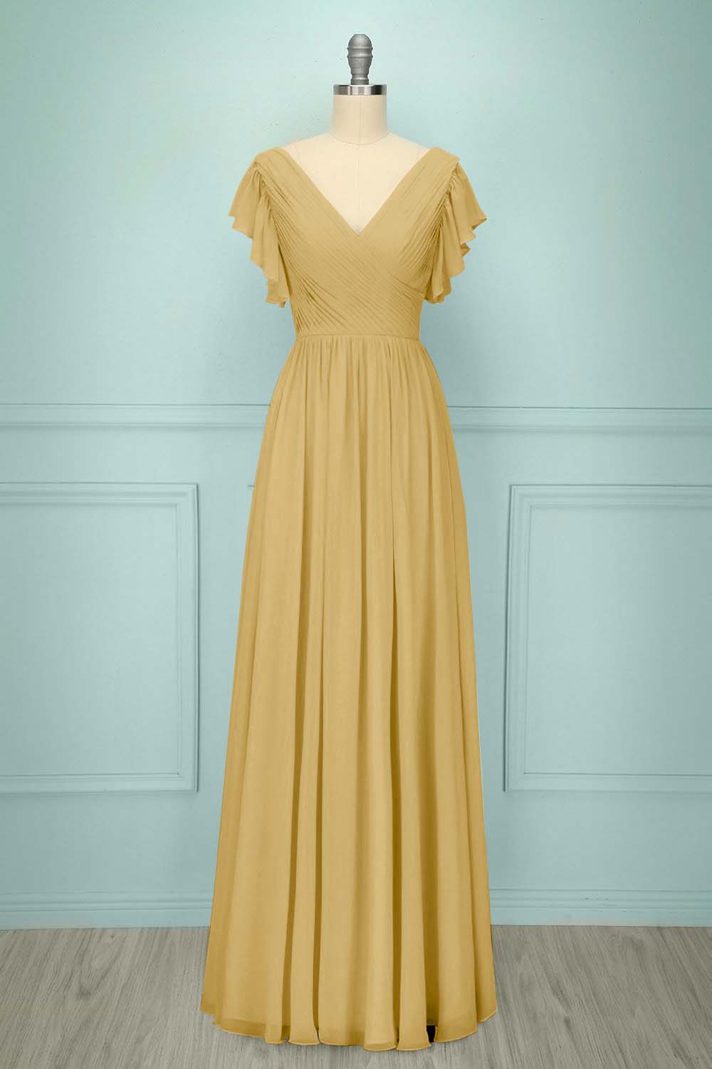 Chiffon V Neck Sleeveless Long Prom Dress With Pleated Ruffle