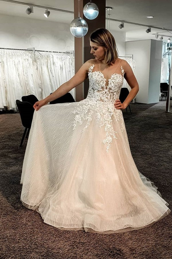 Long A-line Backless Wedding Dress With Tulle Lace Floor-length BM bride