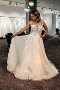 Long A-line Backless Wedding Dress With Tulle Lace Floor-length BM bride