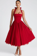 Halter Sleeveless Long A Line Prom Dress With Pleated Tulle BMBRIDE