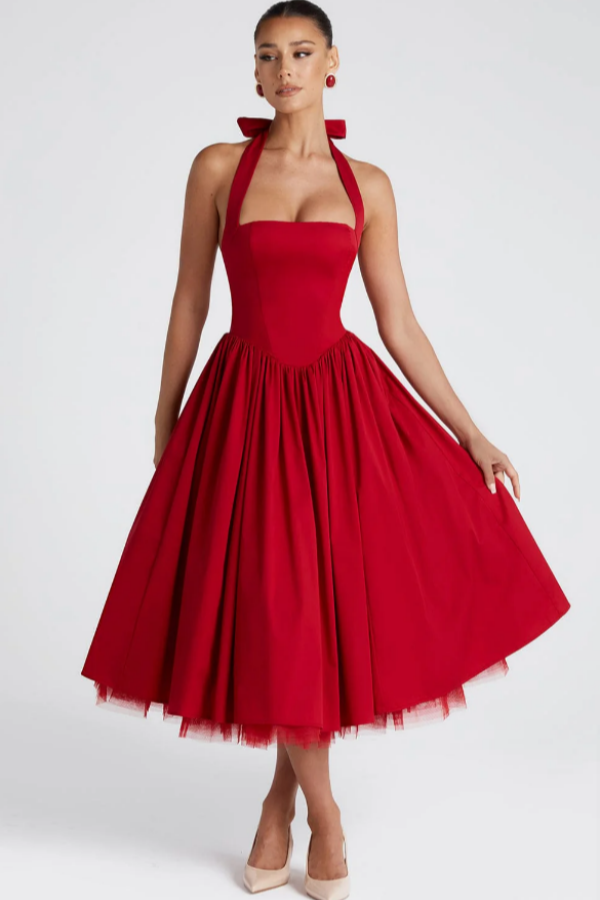 Halter Sleeveless Long A Line Prom Dress With Pleated Tulle BMBRIDE