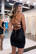 Sparkly Lace-Up Black Sequins Spaghetti Straps Tight Short Homecoming Dress Bmbride