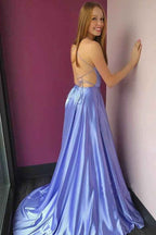 Spaghetti Strap V Neck Backless Sleeveless Prom Dress Long With Front Split