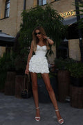 White Strapless Sleeveless Sweetheart Short Prom Dress With Flower Appliques BMBRIDE
