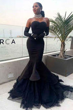 Black Strapless Tulle Mermaid Prom Dress Waist Skimming With Gloves