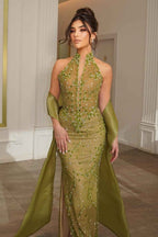 Halter Sleeveless Long Mermaid Split Prom Dress With Beading