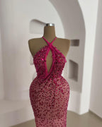 Pink Sleeveless Long Halter Neck Sequin Prom Dress BM bride
