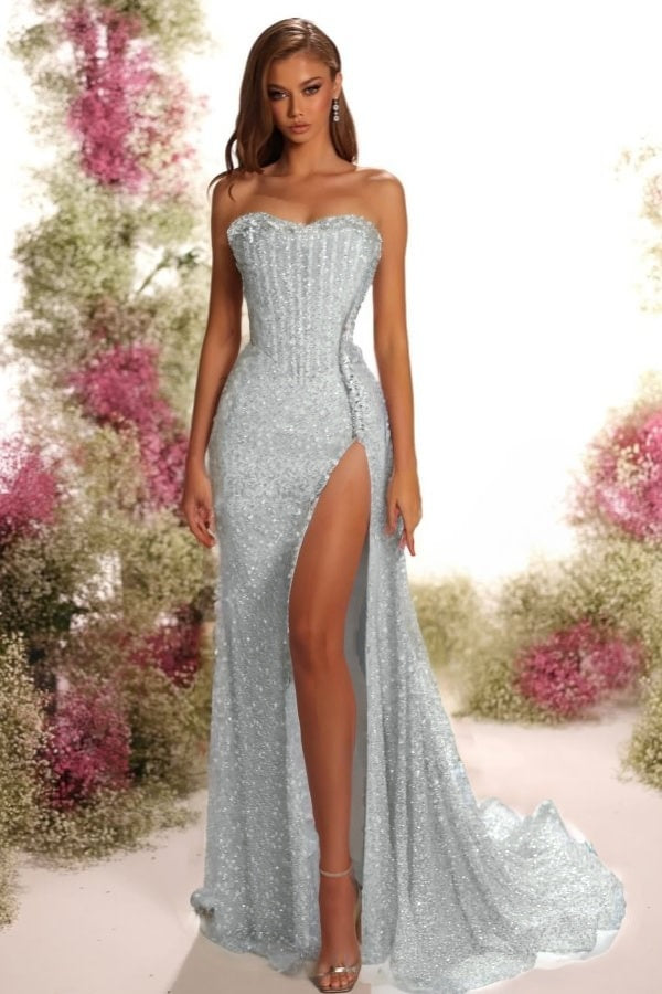 Strapless Sleeveless Long Split Prom Dress With Pleated Sequins BMBRIDE