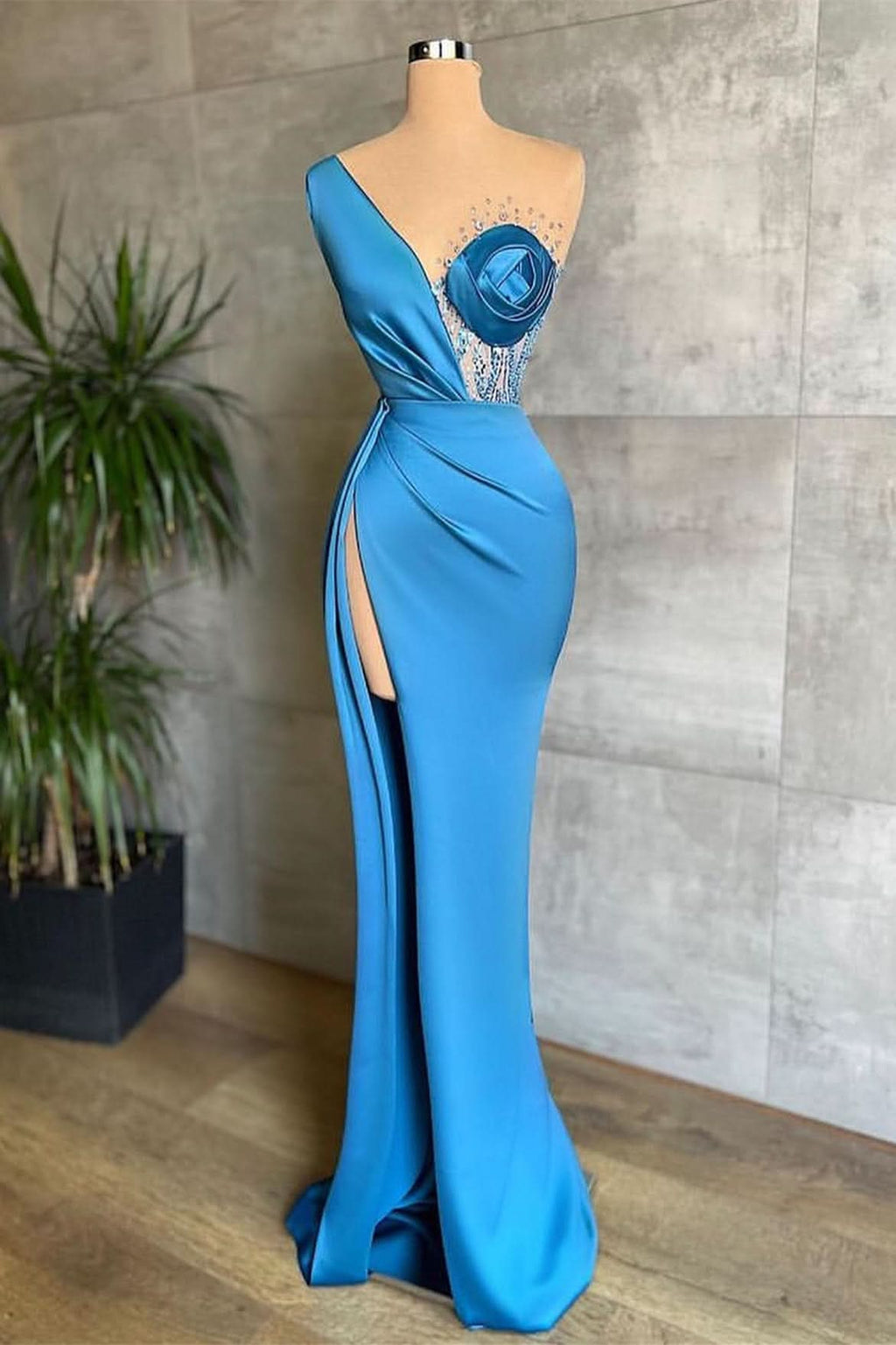 Glamorous Ocean Blue One-Shoulder Mermaid Prom Dress with Slit BM bride