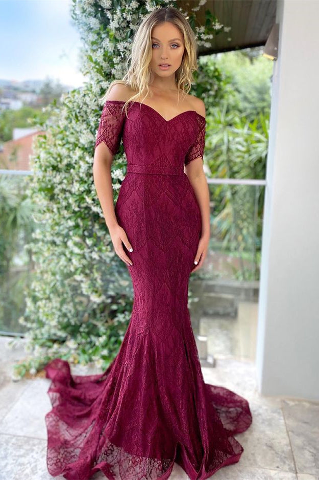 Burgundy Off-the-Shoulder Short Sleeve Appliqued Mermaid Prom Dress BM bride
