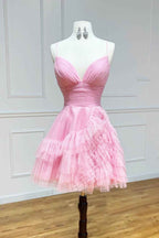 Glitter Pink Tulle A-Line Short Ruffled Homecoming Dress