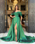 Green Off-the-Shoulder A-Line Prom Dress with Pleats and High Slit BM bride