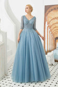 V Neck Dusty Blue Half Sleeves Prom Dress With Beading Lace up