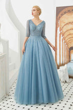 V Neck Dusty Blue Half Sleeves Prom Dress With Beading Lace up