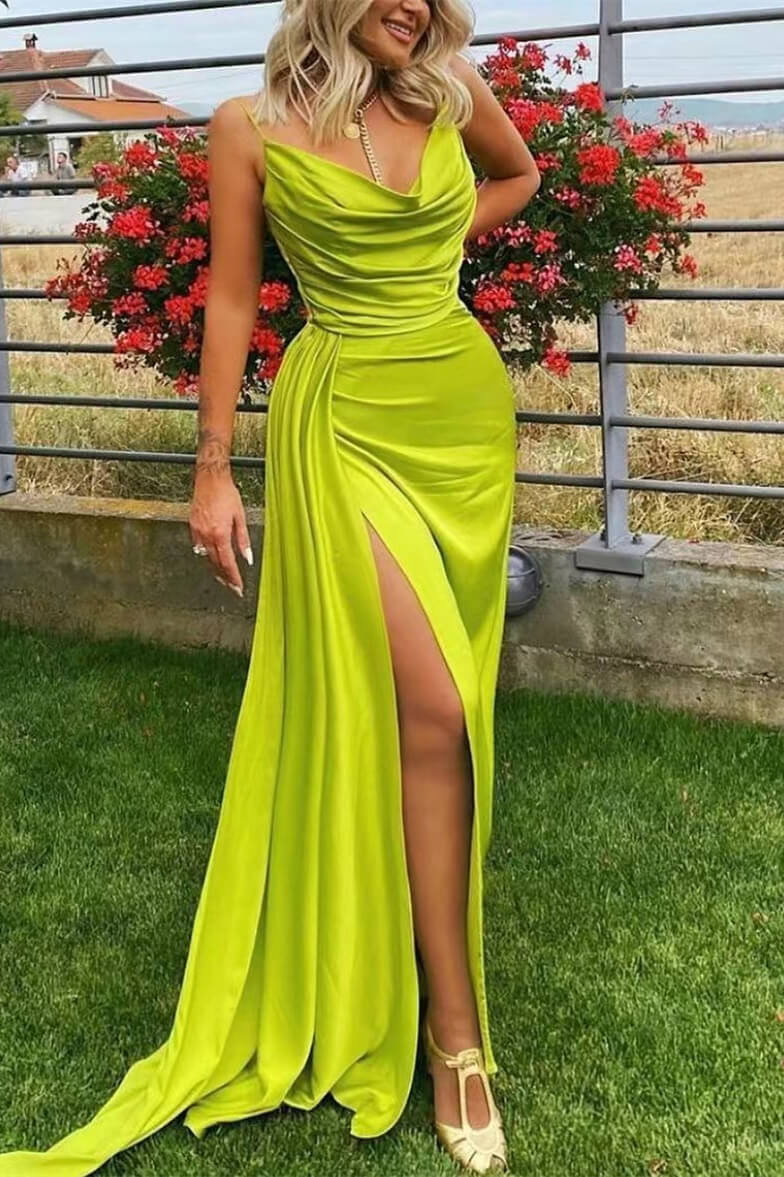 Green Spaghetti-Straps Mermaid Prom Dress with Split BM bride