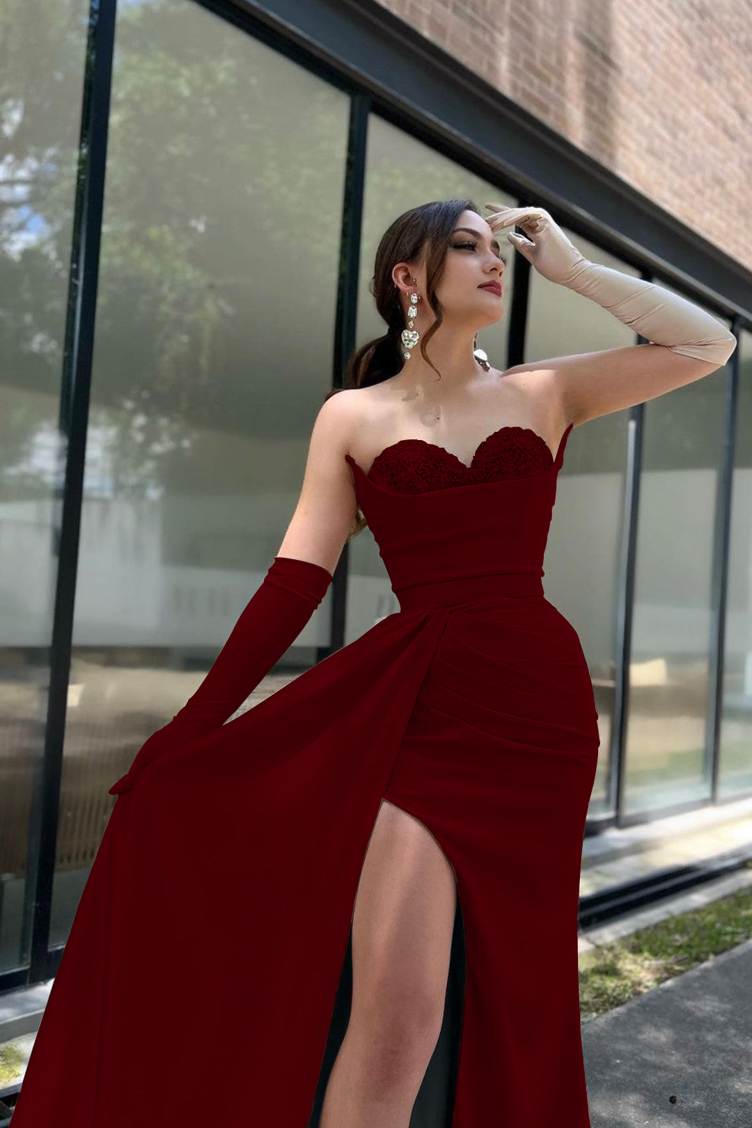 Prom Dress Sleeves Champagne Sweetheart High Slit With Gloves BMBRIDE