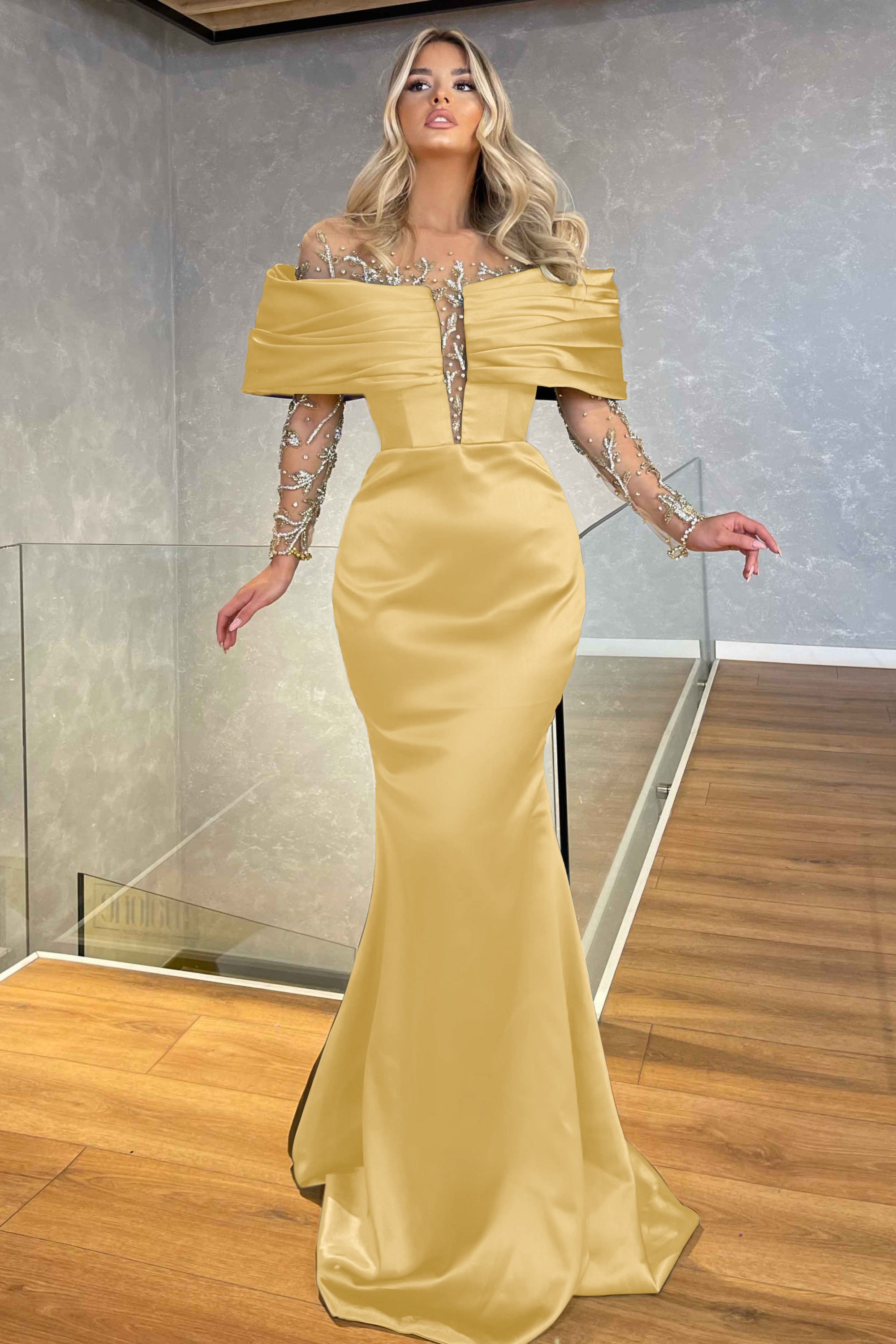 Green Prom Dress Off the Shoulder Long Sleeves Beading Embellished BMBRIDE