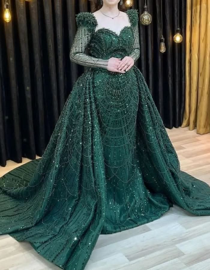 Elegant Green Applique Prom Dress, Long Sleeve Mermaid BM bride
