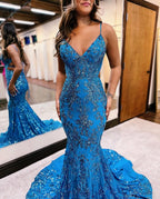 Blue Sequined Appliqued Sleeveless Spaghetti-Straps Mermaid Prom Dress BM bride