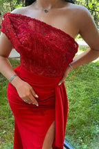 Red One Shoulder Sequins Mermaid Prom Dress with Strapless and Split BM bride
