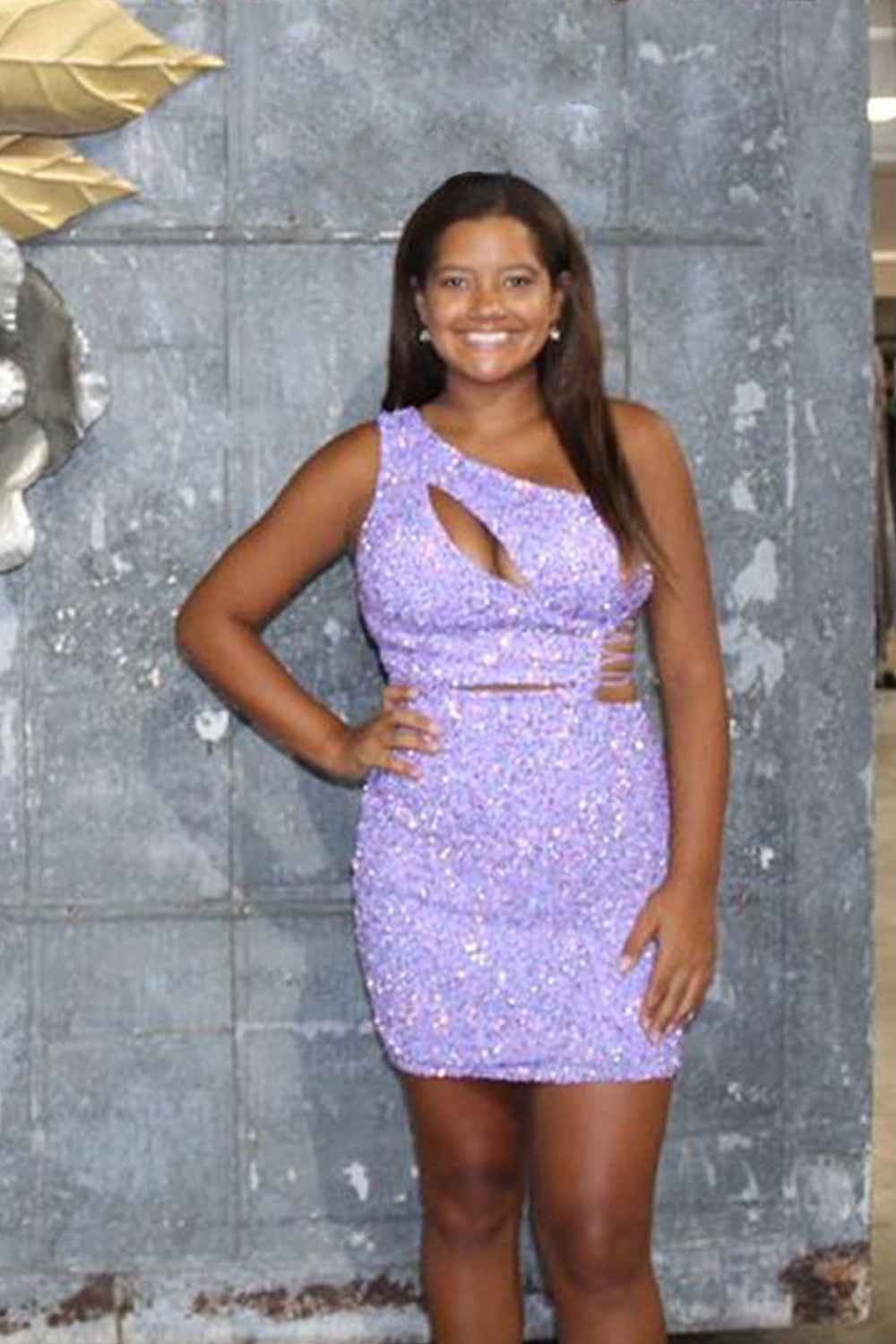 Sparkly Purple One Shoulder Cut Out Sequins Tight Short Homecoming Dress